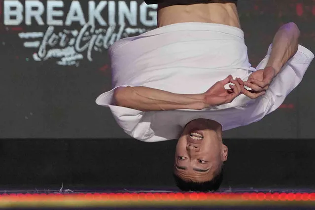Japan's Shoya takes part in the 1vs1 b-boys competition during the 2023 WDSF Asian Breaking Championships held at the Gongshu Yunhe Sports Garden Gymnasium in Hangzhou in eastern China's Zhejiang province on Saturday, July 1, 2023. Breaking, a style of street dancing, has been nominated as an official medal event at the Paris Olympic Games 2024 and will also make its official Asian Games debut at Asian Games Hangzhou 2022 this Sept. (Photo by Ng Han Guan/AP Photo)
