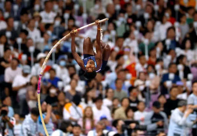 India's Pavithra Vengatesh competes in the women's pole vault final during the 19th Asian Games in Hangzhou, China on October 2, 2023. (Photo by Jeremy Lee/Reuters)