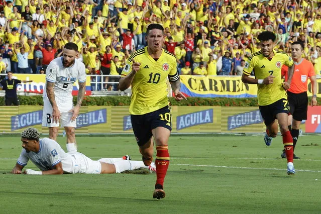 James Rodriguez (C) of Colombia celebrates after scoring during a CONMEBOL FIFA World Cup 2026 qualifier soccer match between Colombia and Uruguay at Metropolitano stadium in Barranquilla, Colombia, 12 October 2023. (Photo by Mauricio Dueñas Castañeda/EPA)