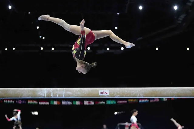 Belgium's Maellyse Brassart practices on the balance beam during podium training at the Artistic Gymnastics World Championships in Antwerp, Belgium, Friday, September 29, 2023. The event will take place until Sunday, Oct. 8. (Photo by Virginia Mayo/AP Photo)