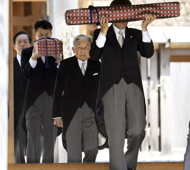 Japanese Emperor Akihito, second right, visits Ise Grand Shrine, or Ise Jingu, in Ise, central Japan Thursday, April 18, 2019. This is the last trip to a local region for emperor and empress before emperor's abdication. (Photo by Kazushi Kurihara/Kyodo News via AP Photo)