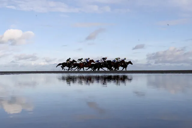 A general view of the runners and riders in action as they compete in the Melbourne 10 Sorry We Can't Be There This Year Handicap at Laytown racecourse, County Meath, Ireland, Monday, November 1, 2021. (Photo by Niall Carson/PA Wire via AP Photo)