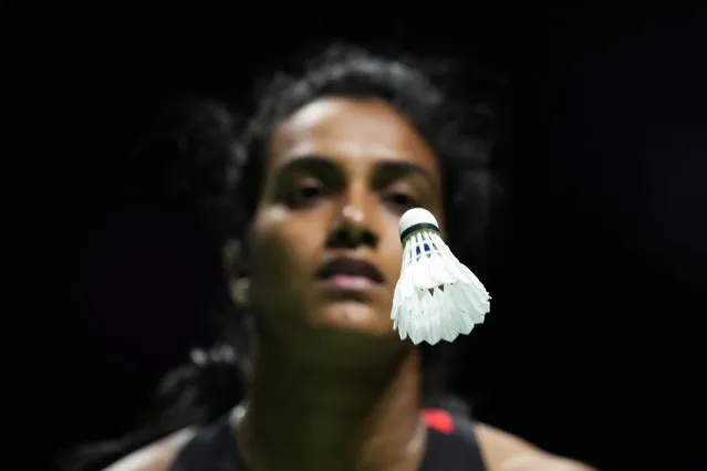 Pusarla Venkata Sindhu of India eyes the shuttlecock during her Woman's 2nd round badminton singles match against Martina Repiska of Slovakia at the BWF World Championships in Huelva, Spain, Tuesday, December 14, 2021. (Photo by Manu Fernandez/AP Photo)