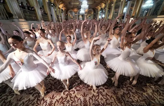 Students from the Youth America Grand Prix break the Guinness World Record for Most Ballerinas En Pointe Simultaneously at The Plaza Hotel on April 17, 2024 in New York City. (Photo by John Nacion/Getty Images)