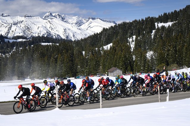 The pack crosses the Col des Mosses pass during the second stage, a 171 km race between Fribourg and Salvan / Les Marecottes at the 77th Tour de Romandie UCI World Tour Cycling race, Ormont-Dessous, Switzerland, 25 April 2024. (Photo by Jean-Christophe Bott/EPA/EFE)