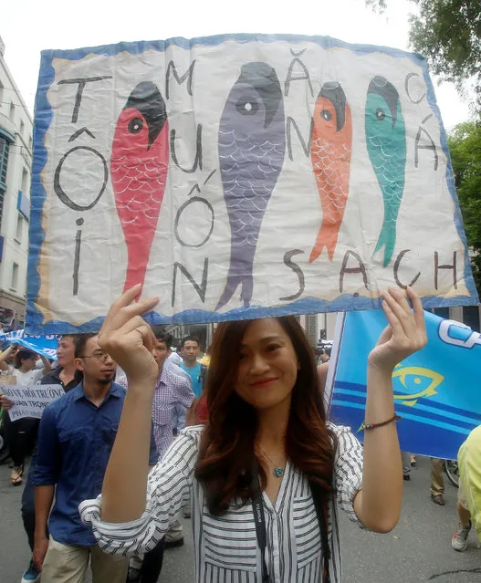 A demonstrator holds a sign which reads, “I want to eat clean fish”, with protesters who say they are demanding cleaner waters in the central regions after mass fish deaths in recent weeks, in Hanoi, Vietnam May 1, 2016. (Photo by Reuters/Kham)