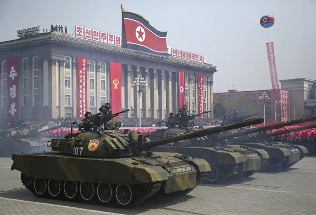 Soldiers in tanks take part in a military parade on Saturday, April 15, 2017, in Pyongyang, North Korea to celebrate the 105th birth anniversary of Kim Il Sung, the country's late founder and grandfather of current ruler Kim Jong Un. (Photo by Wong Maye-E/AP Photo)