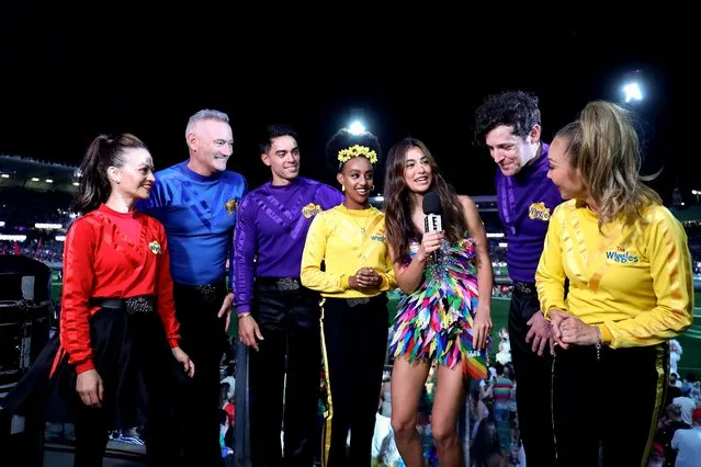 The Wiggles speak with the media during the 44th Sydney Gay and Lesbian Mardi Gras Parade on March 05, 2022 in Sydney, Australia. The Sydney Gay and Lesbian Mardi Gras parade usually happens along Oxford Street but is being held at the Sydney Cricket Ground for the second year due to COVID-19 restrictions and contact tracing requirements. The Sydney Mardi Gras parade began in 1978 as a march and commemoration of the 1969 Stonewall Riots of New York. It is an annual event promoting awareness of gay, lesbian, bisexual and transgender issues and themes. The 2022 Mardi Gras festival theme is ”UNITED WE SHINE”. (Photo by Brendon Thorne/Getty Images)