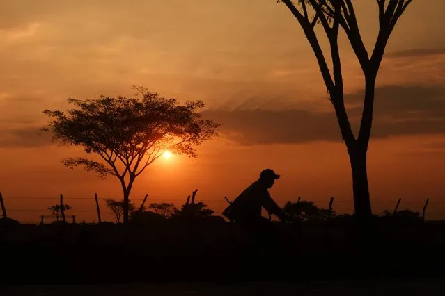 A man rides his bicycle at sunset in San Marcos Lempa, 84 km from San Salvador, on February 27, 2017. (Photo by Marvin Recinos/AFP Photo)