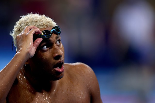 Yohann Ndoye-Brouard of Team France reacts after competing in the Men's 100m Backstroke Heats on day two of the Olympic Games Paris 2024 at Paris La Defense Arena on July 28, 2024 in Nanterre, France. (Photo by Sarah Stier/Getty Images)