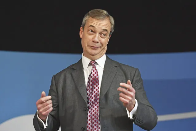 Brexit Party leader Nigel Farage speaks at Barnby Memorial Hall whilst on the General Election campaign trail in Worksop, England, Tuesday, December 3, 2019. Britain goes to the polls on Dec. 12. (Photo by Jacob King/PA Wire via AP Photo)
