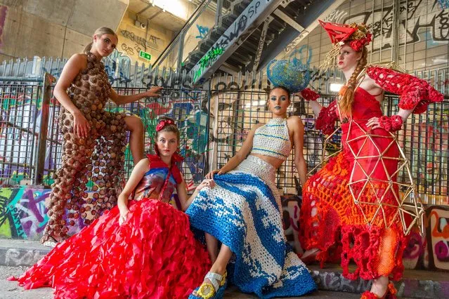 Designers wear their couture creations made exclusively from discarded rubbish to launch Junk Kouture in the UK on September 13, 2021 in London, England. After a very successful decade in Ireland, Junk Kouture, the world's biggest youth sustainability fashion event, is launching in the UK (Photo by Antony Jones/Getty Images for Junk Kouture)