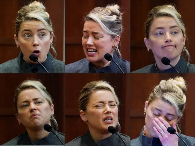 This combination of pictures created on May 16, 2022 shows.US actress Amber Heard testifies in the courtroom at the Fairfax County Circuit Courthouse in Fairfax, Virginia, on May 16, 2022. Actor Johnny Depp sued his ex-wife Amber Heard for libel in Fairfax County Circuit Court after she wrote an op-ed piece in The Washington Post in 2018 referring to herself as a “public figure representing domestic abuse”. (Photo by Steve Helber/Pool via AFP Photo)