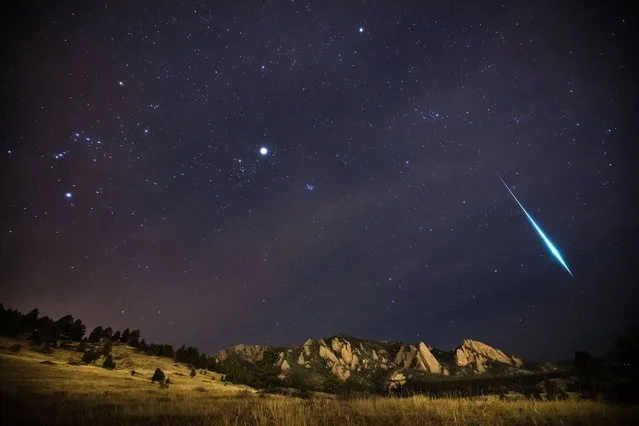 Geminid Fireball by Patrick Cullis (USA). The Geminid meteor shower races over the Flatirons of Boulder, Colorado, in December 2012. Here, a larger than usual fragment burns bright enough to outshine all of the planets, producing what is commonly called a Fireball. Orion can also be seen in the photograph trailing across the sky toward the Pleiades and the glow of Jupiter inside the constellation of Taurus. (Photo by Patrick Cullis)