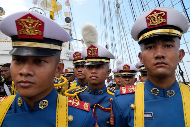 Indonesian sailors stand as Indonesian Navy Training Ship KRI Bima Suci - 945 docks for a goodwill visit in Manila, Philippines Tuesday, October 15, 2024. (Photo by Aaron Favila/AP Photo)