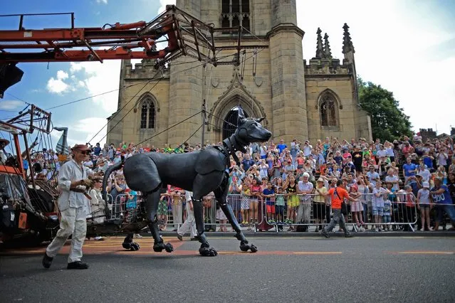Crowds look on as Xolo the Giant Dog, one of the giant Royal De Luxe street puppets taking part in Liverpool's World War I centenary commemorations, walks through the streets of Liverpool on July 25, 2014 in Liverpool, England. (Photo by Christopher Furlong/Getty Images)