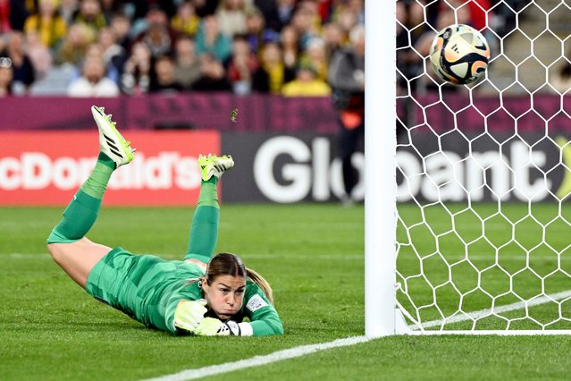 England's goalkeeper Mary Earps saves a goal attempted by Spain during the Women's World Cup soccer final between Spain and England at Stadium Australia in Sydney, Australia, Sunday, August 20, 2023. (Photo by Steve Markham/AP Photo)