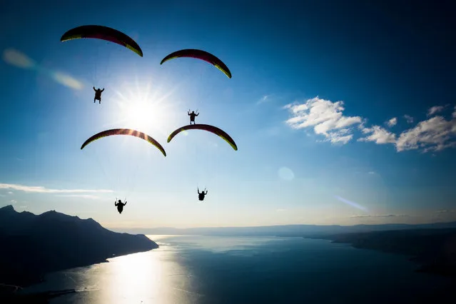 Paragliders fly past the sun towards the landing area of the “Acro Show” above Lake Geneva in Villeneuve, Switzerland, 20 August 2017. (Photo by Valentin Flauraud/EPA)