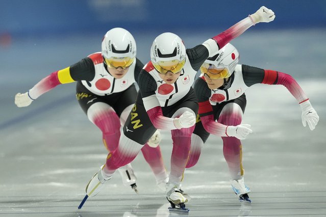 Japan's team competes at the women's team sprint at the Speed Skating during the 9th Asian Winter Games in Harbin, China on Sunday, February 9, 2025. (Photo by Aaron Favila/AP Photo)