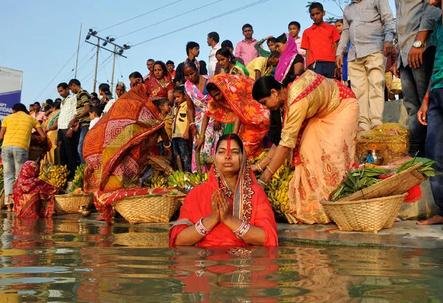 A Hindu devotee worships the Sun god in the waters of a lake during the religious festival of Chhat Puja in Agartala, India October 26, 2017. (Photo by Jayanta Dey/Reuters)