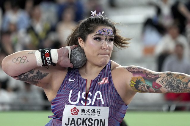 Chase Jackson, of the United States, makes an attempt in the women's shot put final at the World Athletics Indoor Championships in Nanjing, China, Friday, March 21, 2025. (Photo by Vincent Thian/AP Photo)
