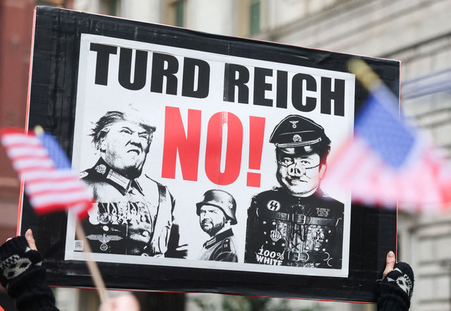 People protest in Manhattan, during a demonstration that is part of larger “Hands Off!” events organized nationwide against U.S. President Donald Trump, in New York City, New York, U.S., April 5, 2025. (Photo by Caitlin Ochs/Reuters)