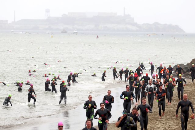 Athletes exit the water during the “Escape From Alcatraz” triathlon Sunday, June 1, 2025, in San Francisco. (Photo by Jed Jacobsohn/AP Photo)