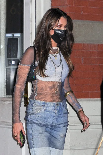 Bella Hadid celebrates her pre-birthday party in a western cowboy theme outfit in New York City on October 6, 2020. The 23 year old  American model hit the town in a white midriff bearing crop top paired with denim jeans and black boots. (Photo by TheImageDirect.com)