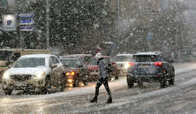A woman crosses a street during a snowfall in central Krasnoyarsk, Russia, October 17, 2016. (Photo by Ilya Naymushin/Reuters)