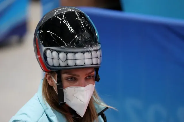 ROC athlete Yelena Nikitina is seen after competing in the women's skeleton event at the 2022 Winter Olympic Games, at the Yanqing National Sliding Centre in Beijing, China on February 12, 2022. (Photo by Anton Novoderezhkin/TASS)