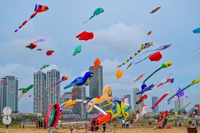 People take part in the Colombo International Kite Festival in Colombo on August 23, 2025. (Photo by Ishara S. Kodikara/AFP Photo)
