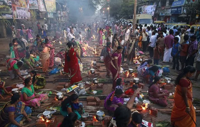 Devotees prepare ritual rice dishes to offer to the Hindu Sun God as they attend Pongal celebrations at a slum in Mumbai January 15, 2015. (Photo by Danish Siddiqui/Reuters)