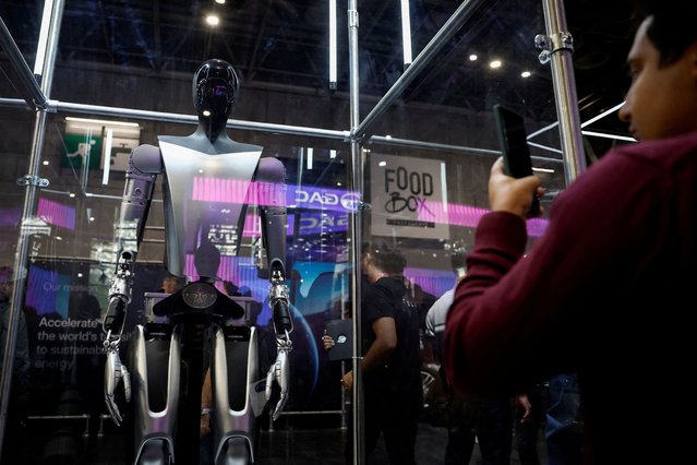 A Tesla Inc. Optimus robot, also known as the Tesla Bot is pictured at the 2024 Paris Auto Show in Paris, France, on October 15, 2024. (Photo by Benoit Tessier/Reuters)