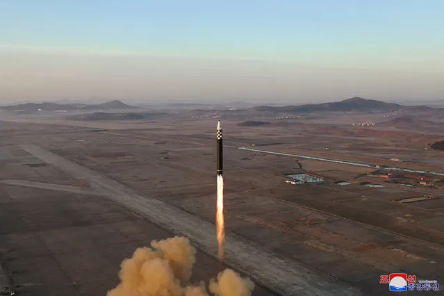 A photo released by the official North Korean Central News Agency (KCNA) shows an Intercontinental ballistic missile (ICBM), identified by the agency as a Hwasongpho-17, launched in a drill by the North Korean military at Pyongyang International Airport, in Pyongyang, North Korea, 16 March 2023 (issued 17 March 2023). According to KCNA, the launching drill of an Hwasong-17 intercontinental ballistic missile (ICBM) was conducted to give 'a stronger warning' against US and South Korea joint military exercises. (Photo by EPA/KCNA)