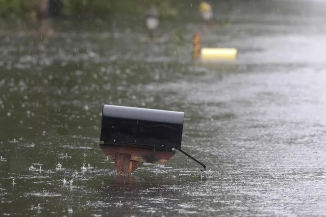 A flooded mailbox on Mill Creek Road is barely above water after Florence hit Newport N.C., Saturday, September 15, 2018. A day after blowing ashore with 90 mph (145 kph) winds, Florence practically parked itself over land all day long and poured on the rain. (Photo by Tom Copeland/AP Photo)
