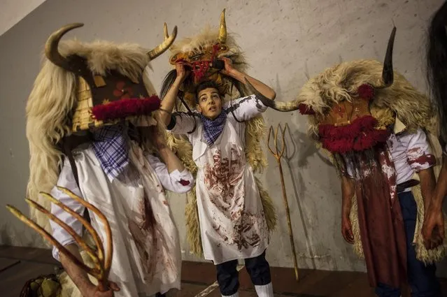In this photo taken on Tuesday, February 17, 2015 a 'young 'Momotxorro'' prepares his typical dress to takes part in the carnival, in Alsasua, northern Spain. (Photo by Alvaro Barrientos/AP Photo)