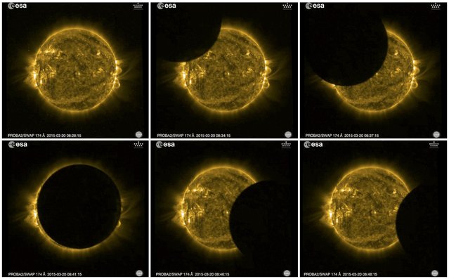 A combination photo shows the various stages of a solar eclipse as viewed by ESA's Sun-watching Proba-2 minisatellite, using it's SWAP imager to capture the Moon passing in front of the Sun to a near-totality, in this handout image provided by the Royal Observatory of Belgium March 20, 2015. (Photo by Reuters/ESA/Royal Observatory of Belgium)
