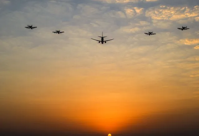 In this image obtained from the US Central Command, US Air Force A-10s fly in formation during operations in the Gulf, on August 15, 2023. As Iranian seizures threaten oil tankers plying the Gulf, the US is raising its military presence – a move long demanded by Gulf Arab states who accused Washington of retreating from the region. (Photo by Handout/US Central Command (CENTCOM)/AFP Photo) 