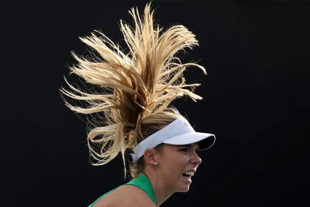 Katie Boulter of Great Britain serves in their round one singles match against Yue Yuan of China during the 2024 Australian Open at Melbourne Park on January 16, 2024 in Melbourne, Australia. (Photo by Julian Finney/Getty Images)