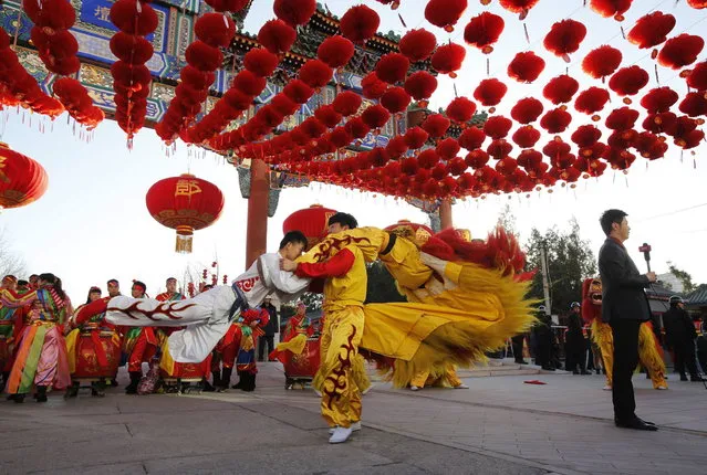 A television reporter prepares for a broadcast while standing next to traditional dancers performing during the opening of the temple fair for the Chinese New Year celebrations at Ditan Park, also known as the Temple of Earth, in Beijing January 30, 2014. (Photo by Kim Kyung-Hoon/Reuters)