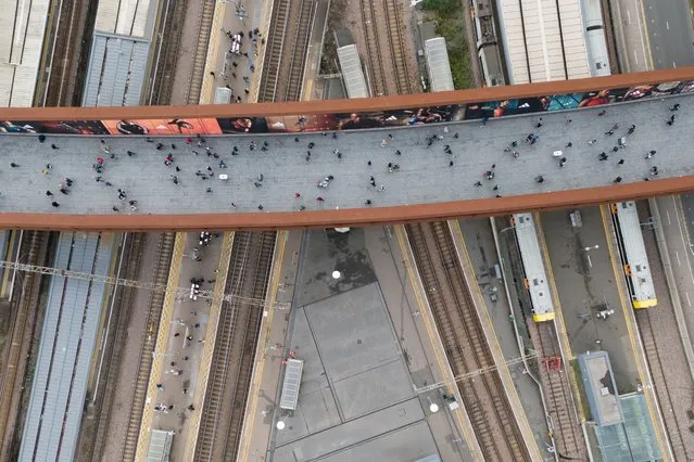 A picture taken with a drone of Stratford station in London, Britain, 03 March 2024. Rail fares in England and Wales have been increased by 4.9 percent on 03 March 2024, despite the highest cancellation levels since 2014 at 3.9 percent of the service. (Photo by Tolga Akmen/EPA)