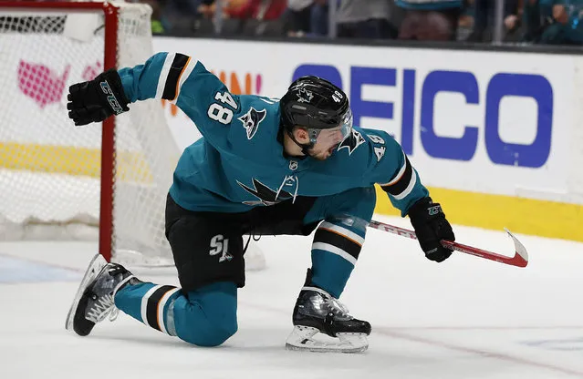 San Jose Sharks center Tomas Hertl celebrates after scoring a goal against the Colorado Avalanche during the first period of Game 7 of an NHL hockey second-round playoff series in San Jose, Calif., Wednesday, May 8, 2019. (Photo by Josie Lepe/AP Photo)