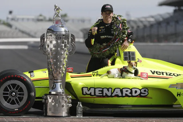 Simon Pagenaud, of France, winner of the 2019 Indianapolis 500 auto race, poses with his dog Norman during the traditional winners photo session at the Indianapolis Motor Speedway in Indianapolis, Monday, May 27, 2019. (Photo by Michael Conroy/AP Photo)