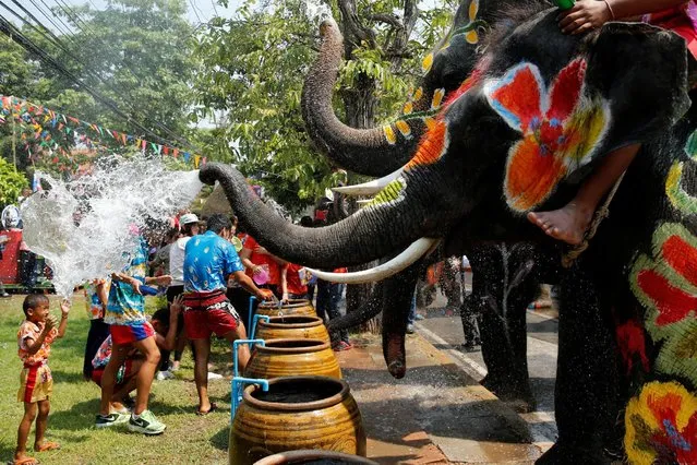 A boy is splashed by elephants with water during the celebration of the Songkran water festival in Thailand's Ayutthaya province, north of Bangkok, April 11, 2016. (Photo by Jorge Silva/Reuters)
