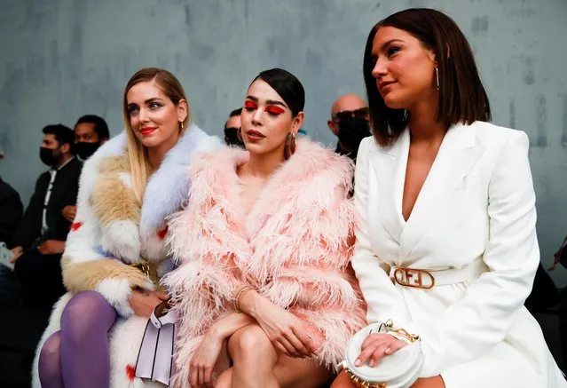 Italian blogger Chiara Ferragni, Mexican singer Danna Paola and French actor Adele Exarchopoulos attend the Fendi Fall/Winter 2022/2023 collection show during Fashion Week in Milan, Italy, February 23, 2022. (Photo by Alessandro Garofalo/Reuters)