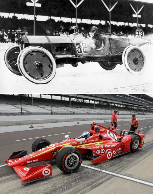 At top, in a May 30, 1911, file photo, Ray Harroun drives his No. 32 Marmon Wasp at Indianapolis Motor Speedway. At bottom, in a May 16, 2016, file photo, Scott Dixon pulls out of the pits during practice at the speedway. Harroun never could have envisioned the speed, science and styling behind the cars on the starting grid for the 100th Indy 500, not when he was piloting the Marmon Wasp to victory in the inaugural race. (Photo by AP Photo)
