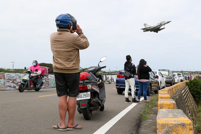 A Taiwan Air Force Mirage 2000 fighter jet makes an approach for landing inside the airbase in Hsinchu, Taiwan, 09 April 2023. China announced three days of military drills around Taiwan and flew dozens of planes across the Taiwan Strait median line, following the Taiwanese president’s visit to the United States. (Photo by Ritchie B. Tongo/EPA)