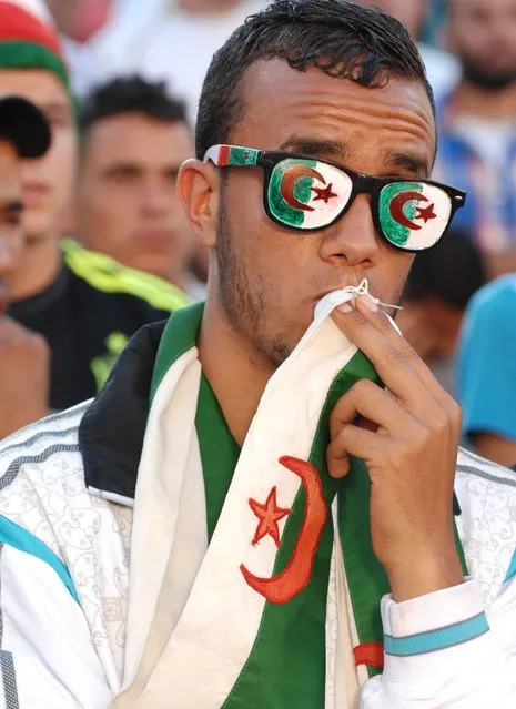 In this photo dated Tuesday, June 17, 2014, an Algerian soccer fan watches his team's World Cup soccer match with Belgium on a large screen set up in Algiers Zocalo June 17, 2014. Belgium defeated Algeria 2-1. (Photo by Sidali Djarboub/AP Photo)