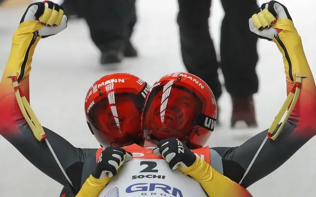 Gold medalists Toni Eggert and Sascha Benecken of Germany react in the finish area during the men's Doubles Final at FIL Luge World Championships in Sochi, Russia, 15 February 2020. (Photo by Maxim Shipenkov/EPA/EFE/Rex Features/Shutterstock)
