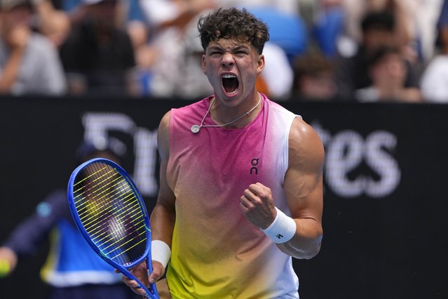 Ben Shelton of the U.S. reacts after winning a point against Pablo Carreno Busta of Spain during their second round match at the Australian Open tennis championship in Melbourne, Australia, Thursday, January 16, 2025. (Photo by Vincent Thian/AP Photo)